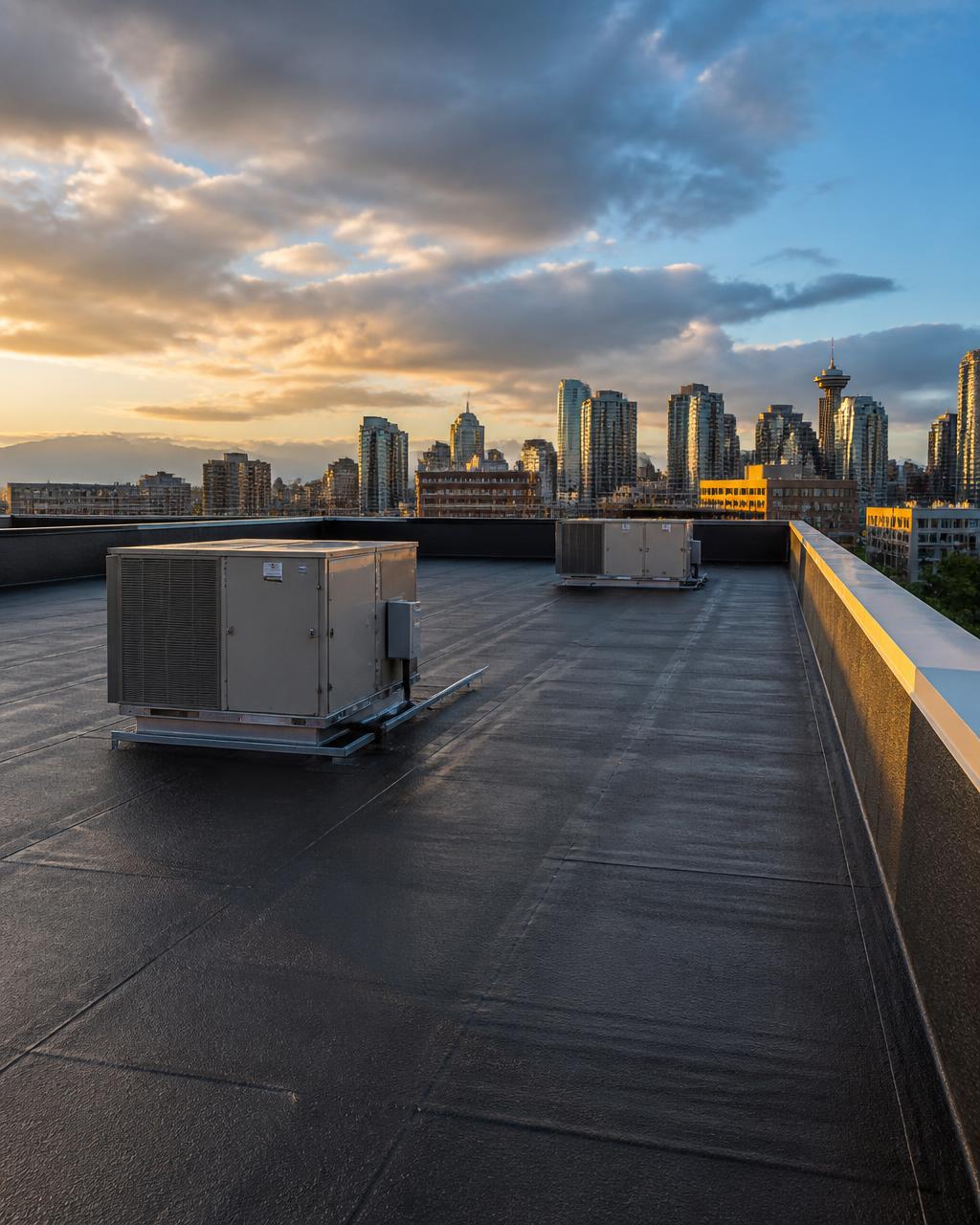Flat roof replacement on a Calgary commercial building at sunset