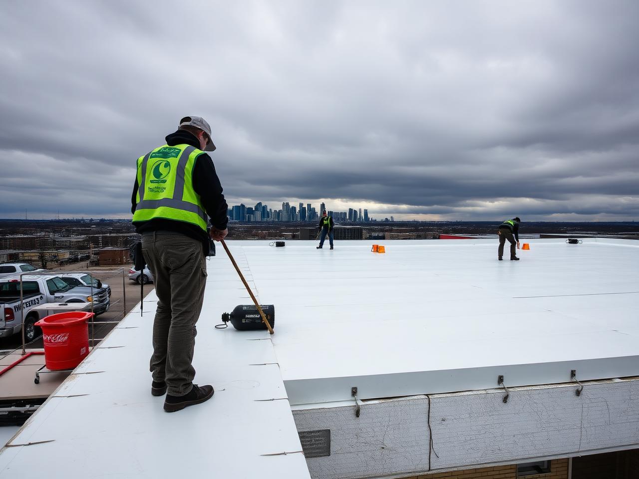 A failed metal deck, sealed with TPO membrane.